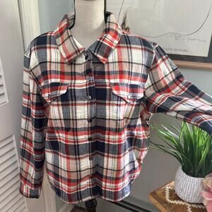 LUCKY BRAND Womens Shirt Cropped Sherpa Lined Flannel Shacket Gorpcore LARGE